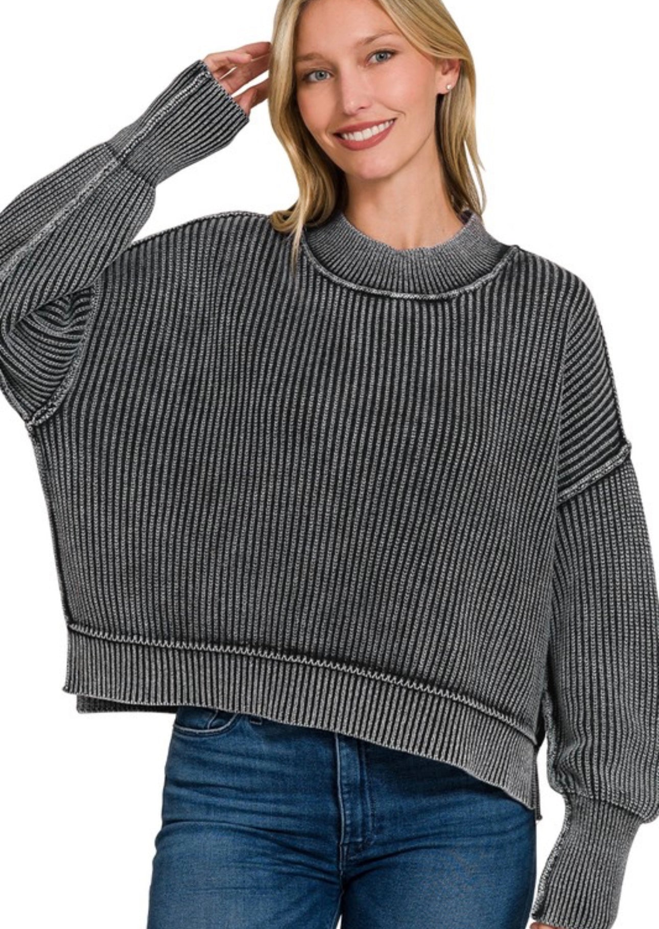 Oversized Washed Cropped Sweater - Black