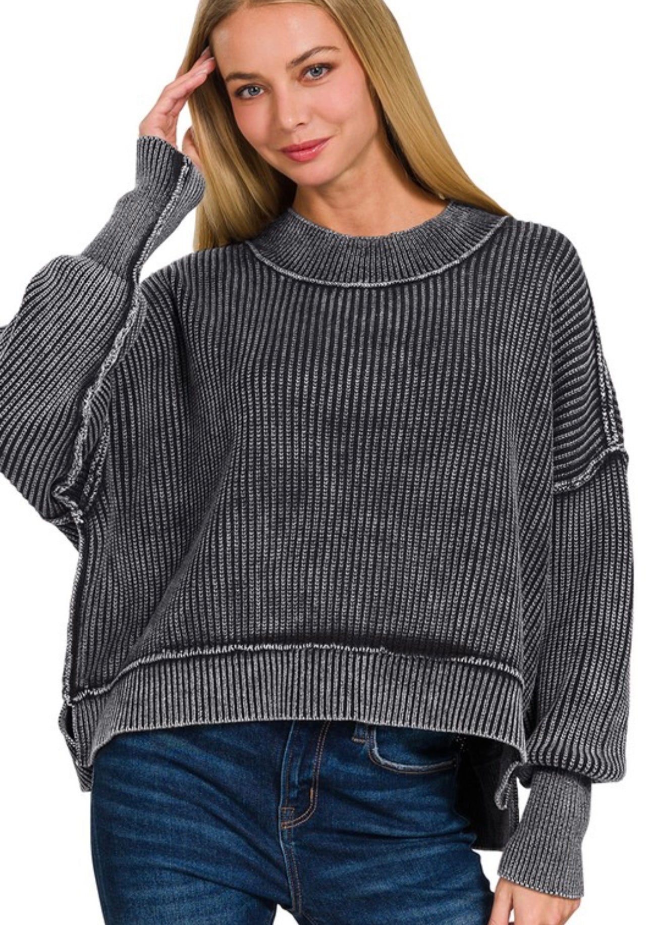 Oversized Washed Cropped Sweater - Black