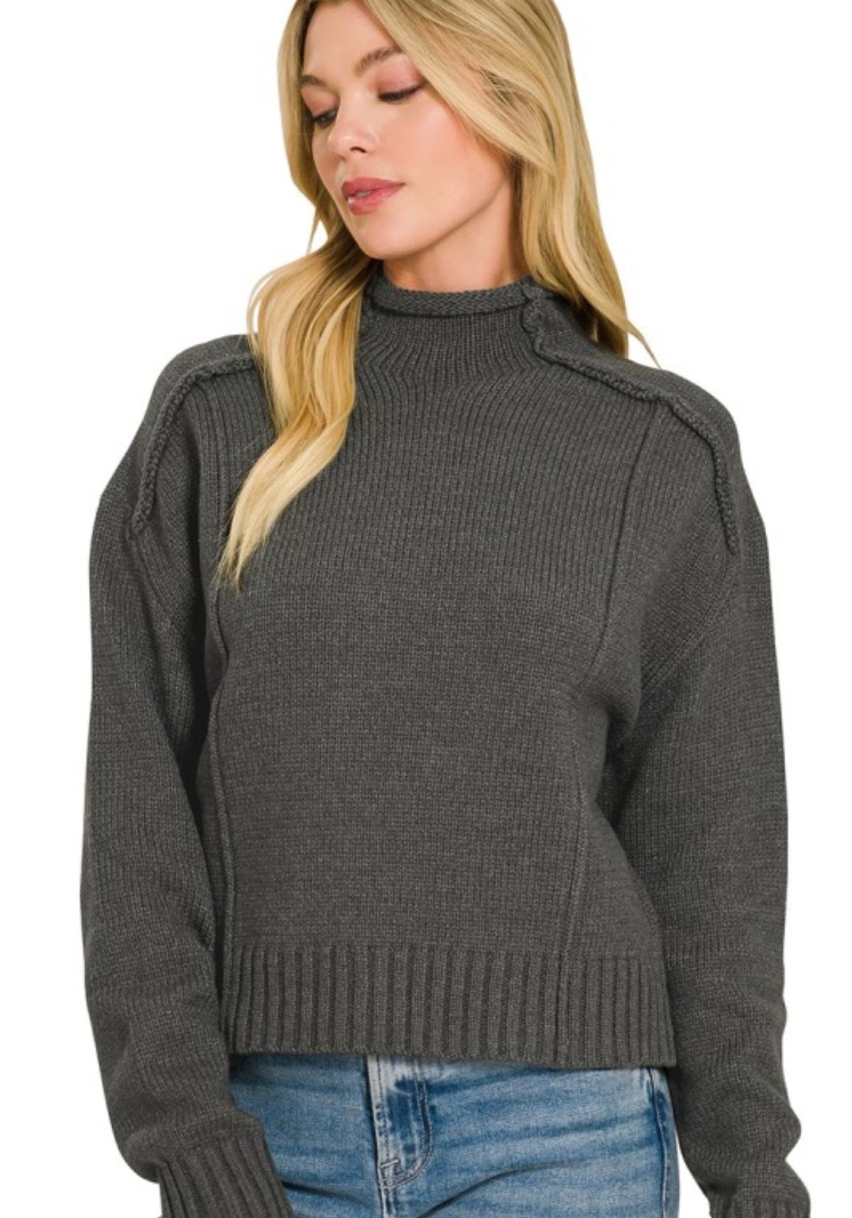 Mock Neck Exposed Seam Sweater - Charcoal