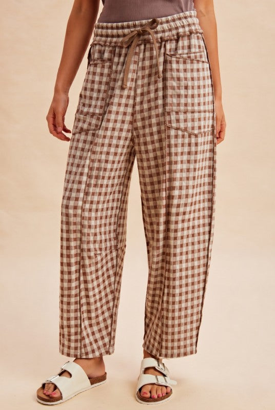Gingham Barrel Pants - Mocha