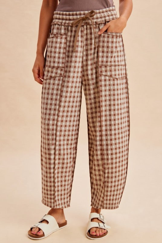 Gingham Barrel Pants - Mocha