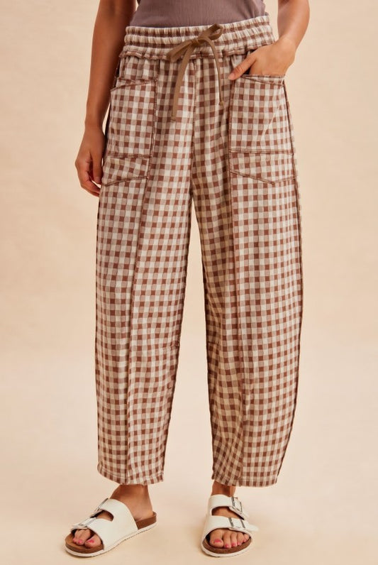 Gingham Barrel Pants - Mocha