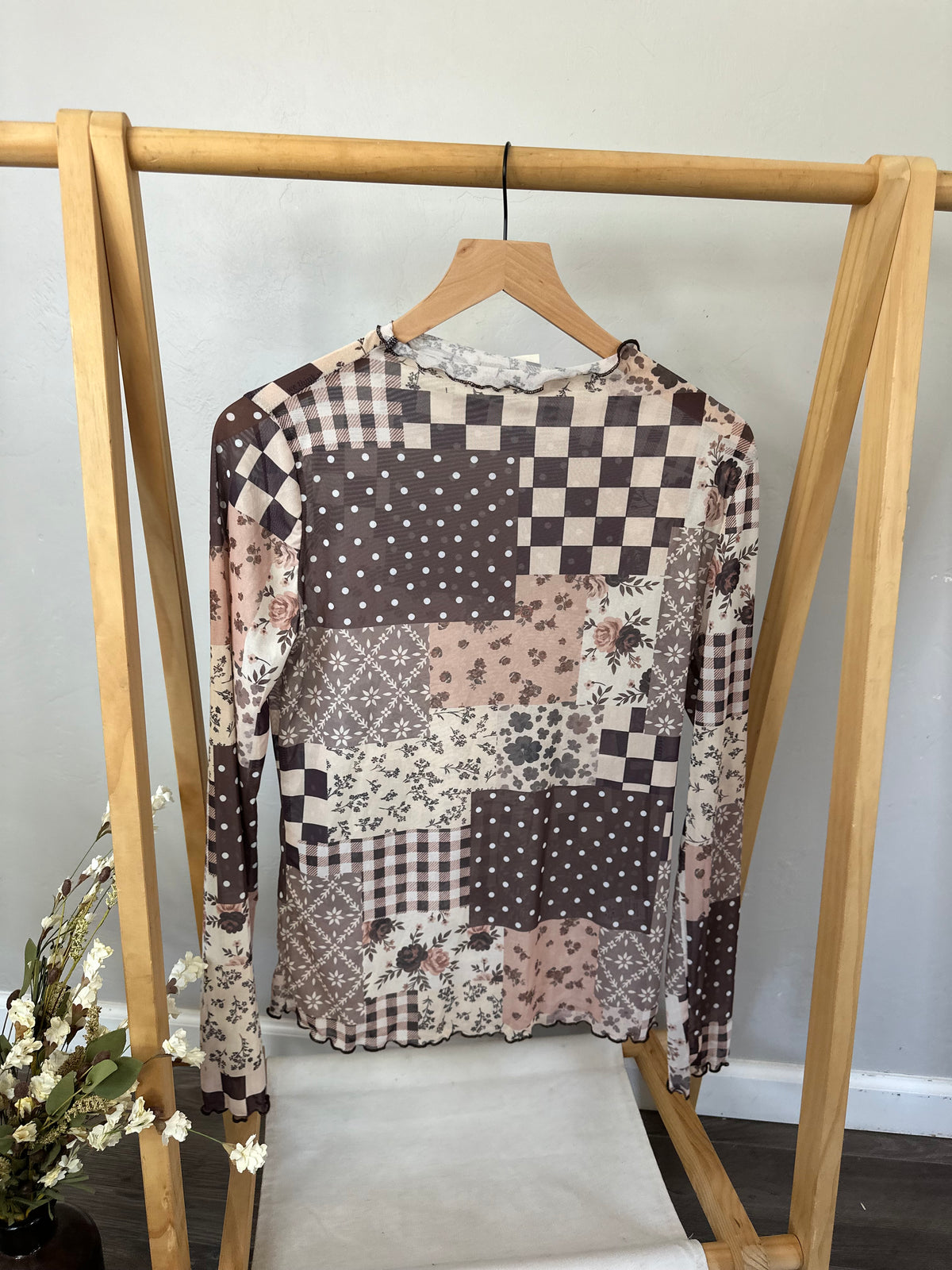 Fall Patchwork Mesh Top