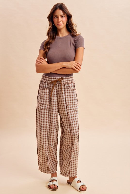 Gingham Barrel Pants - Mocha