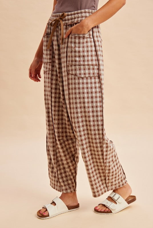 Gingham Barrel Pants - Mocha