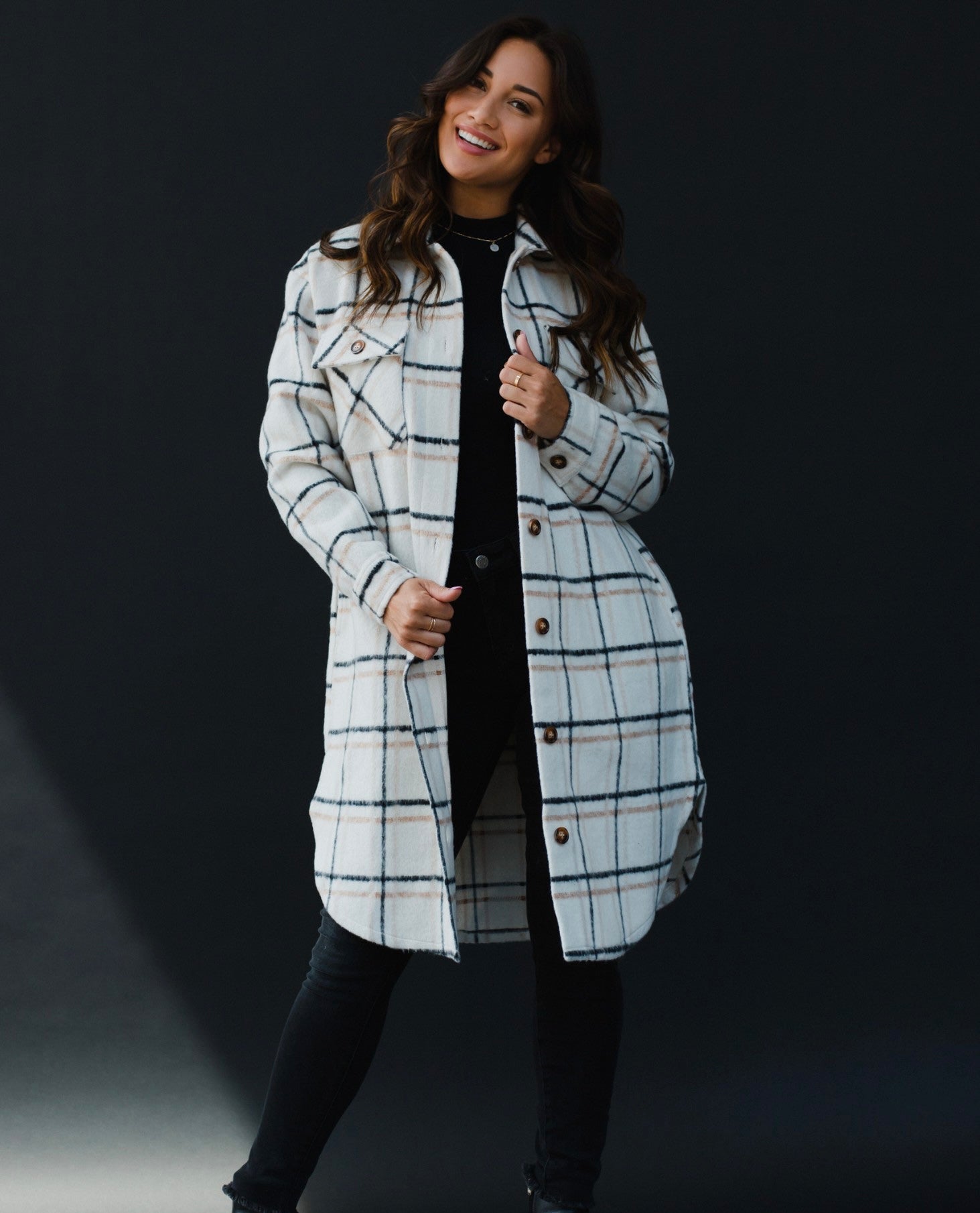 Long Plaid Coat - Cream